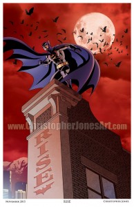 "Rise" Art print, depicting Batman on a building ledge, with the word "RISE" on the side of the building. The sky is red and cloudy.